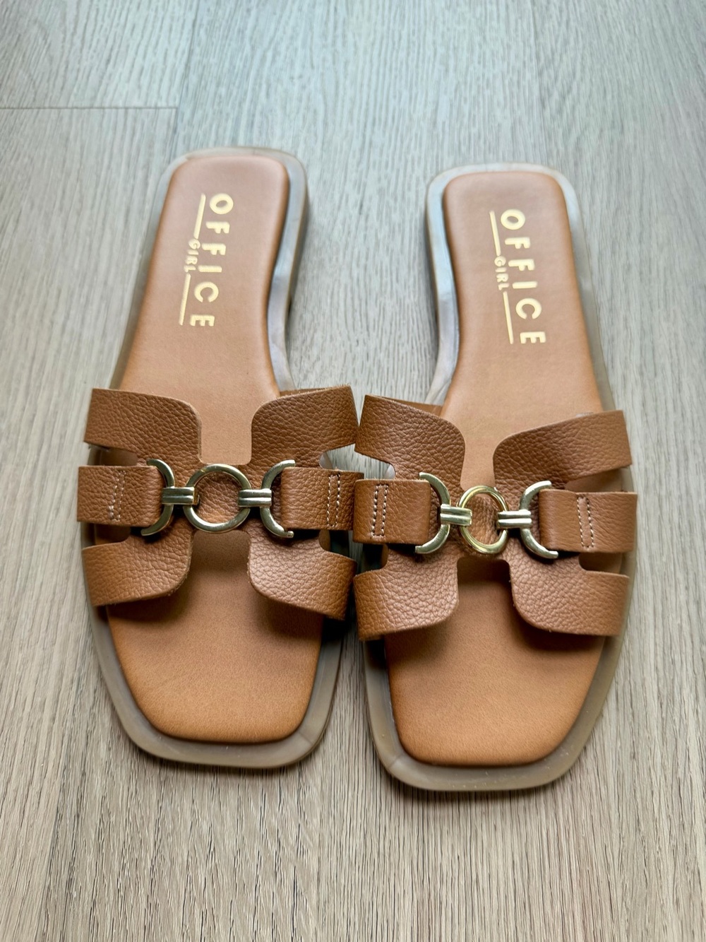 Tan Slide Sandals with Gold Chain Accent